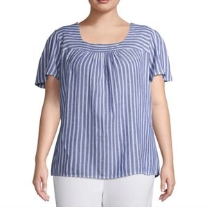Terra & Sky linen blend blouse, size 0X/14W, blue stripe